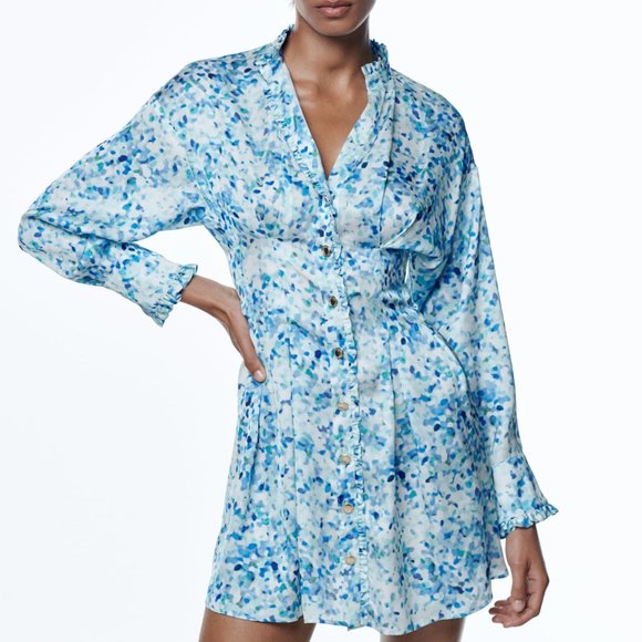 BNWT ZARA WOMAN PRINTED SHIRT DRESS BLUE MULTICOLORED  2692/118 SMALL - Picture 4 of 9